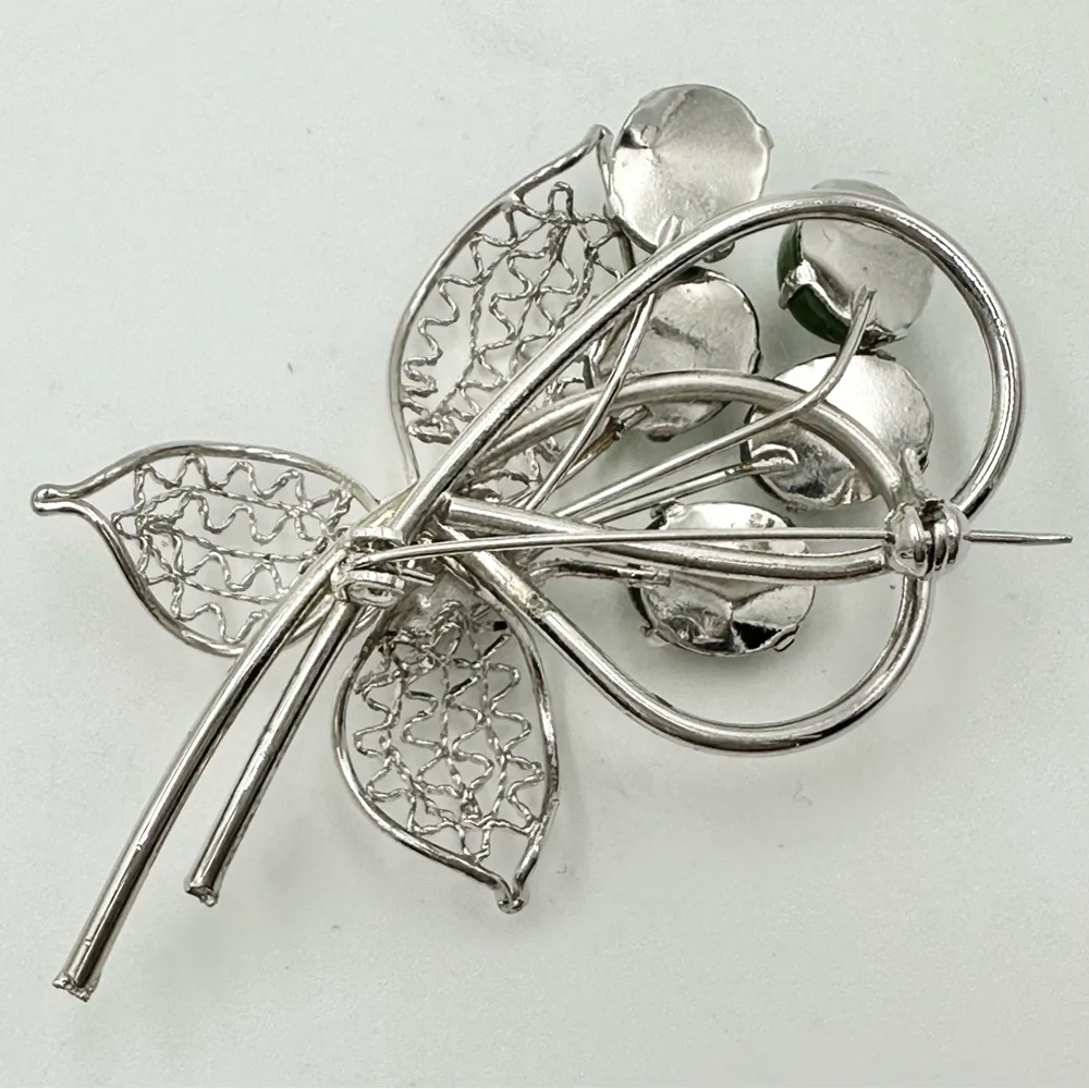 Vintage Genuine Jade Cabochon Leaf Bouquet Brooch Pin